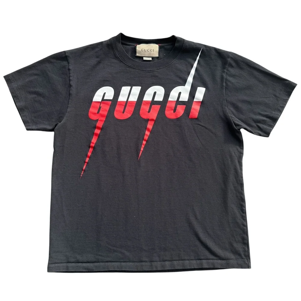 Gucci Graphic T Shirt Red White Lightning Bolt Black Made in Italy XS‎